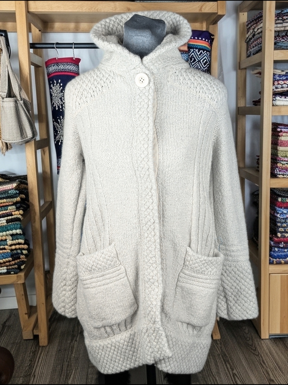 prAna Eslin Cardigan Knit Sweater Women's S Snap Button Pockets Bone White - Picture 1 of 8